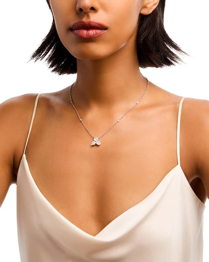18K White Gold Mosaic Diamond Trio Cluster Pendant Necklace, 16"