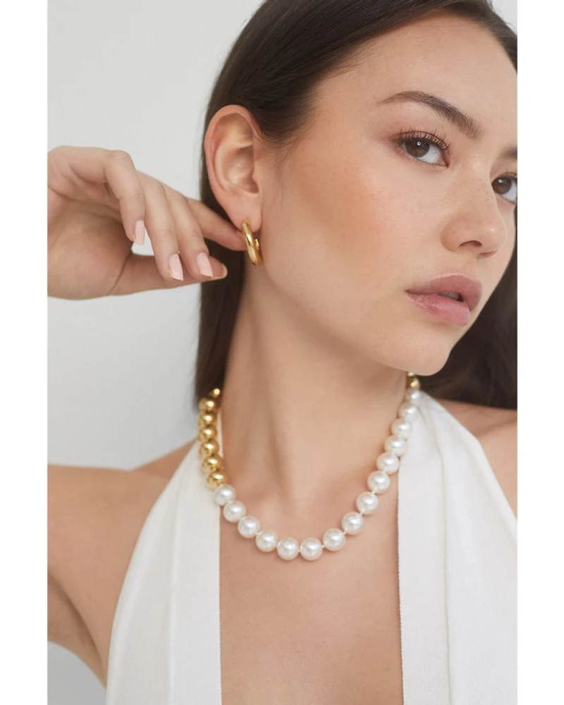 Farrah Imitation Pearl Beaded Collar Necklace in 18K Gold Plated, 19"