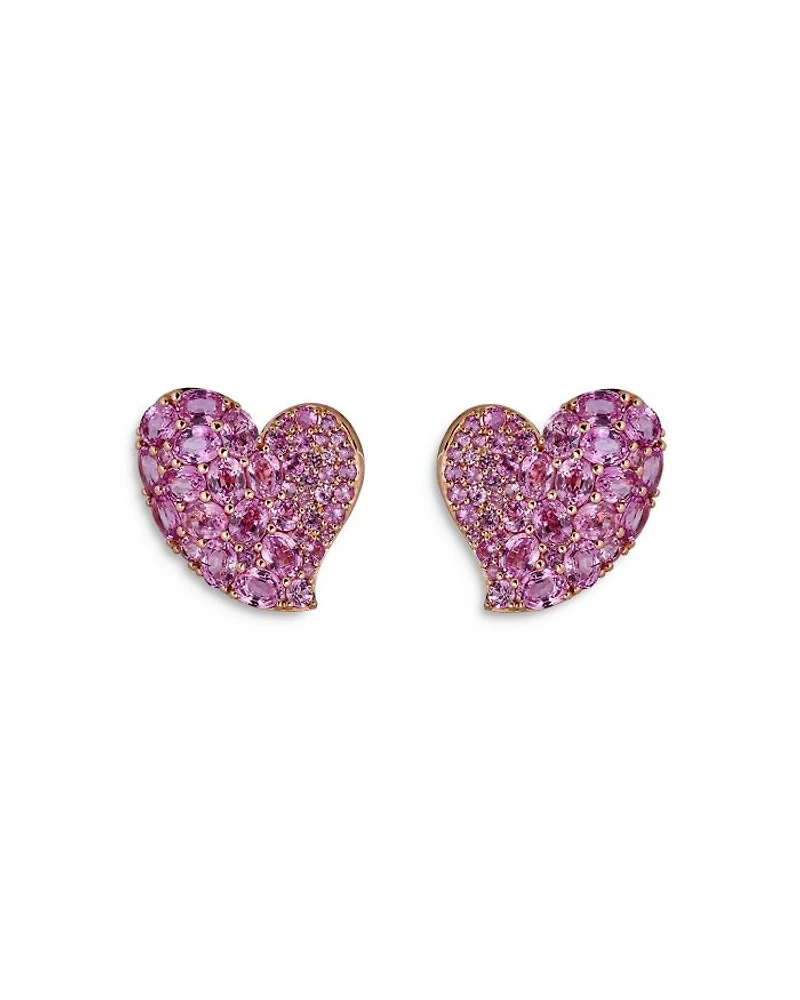 18K Rose Gold Wave Heart Pink Sapphire Pavé Stud Earrings