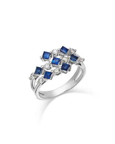 Blue Sapphire & Diamond Square & Round Openwork Ring in 14K White Gold