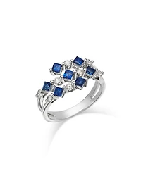 Blue Sapphire & Diamond Square & Round Openwork Ring in 14K White Gold
