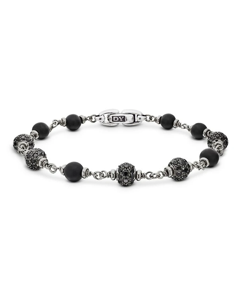 Men's Spiritual Beads Onyx & Black Diamond Pavé Rosary Style Bracelet in Sterling Silver