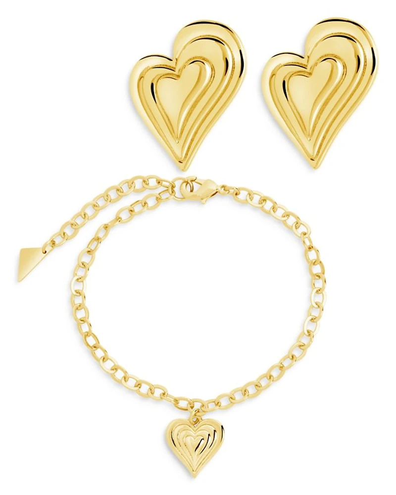 Beating Hearts Bracelet & Stud Earrings Set in 14K Gold Plated