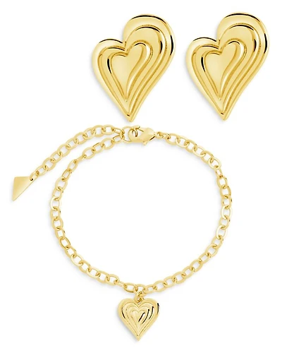 Beating Hearts Bracelet & Stud Earrings Set in 14K Gold Plated