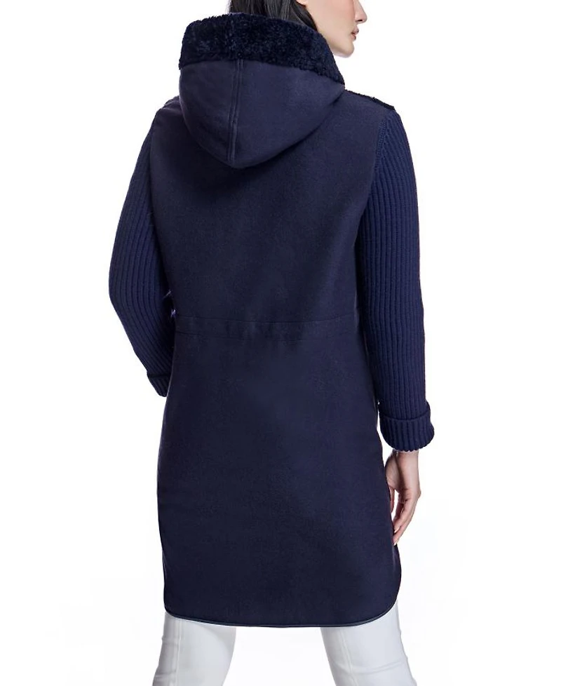 Hooded Shearling Coat with Knit Trim