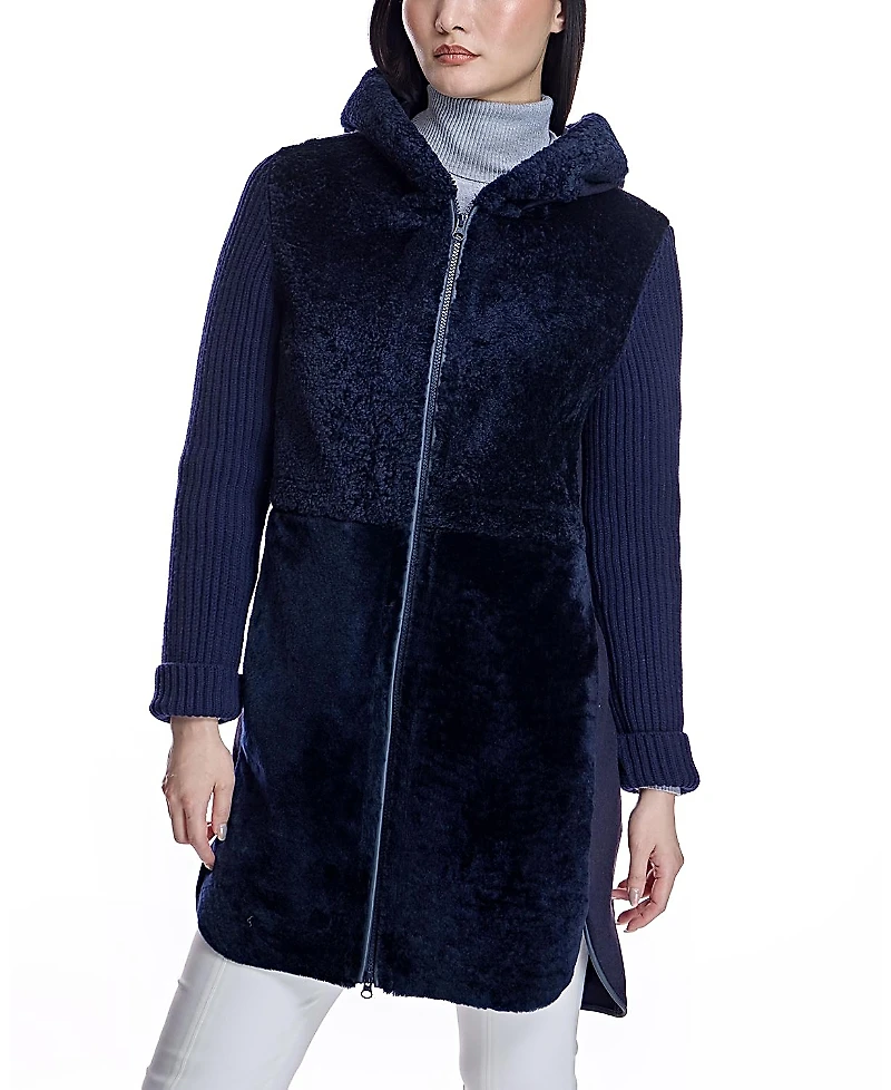 Maximilian Hooded Shearling Coat with Knit Trim