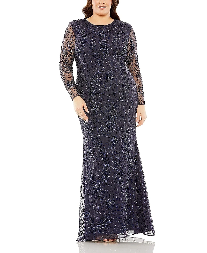Mac Duggal Plus Long Sleeve Mesh Embellished Gown