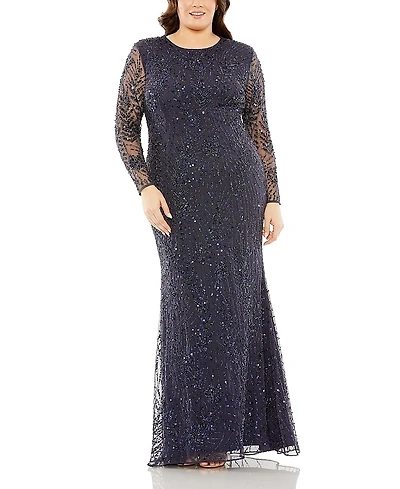 Mac Duggal Plus Long Sleeve Mesh Embellished Gown