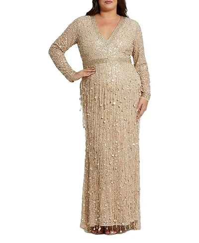 Mac Duggal Plus Embellished Fringe Long Sleeve Gown