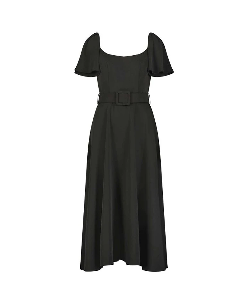Crepe Ruffle Sleeve Belted Midi Dress