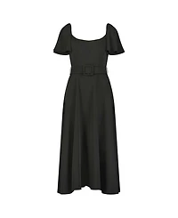 Crepe Ruffle Sleeve Belted Midi Dress