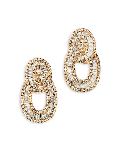 Diamond Baguette & Round Interlocking Circle Drop Earrings in 14K Yellow Gold, 2.67 tcw