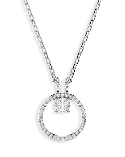 Constella Crystal Circle Pendant Necklace in Rhodium Plated, 14.87"-16.87"