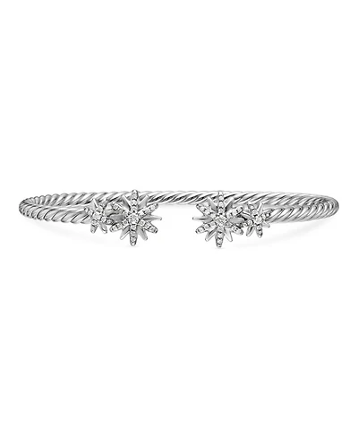 Sterling Silver Starburst Cable Bangle Bracelet with Diamonds