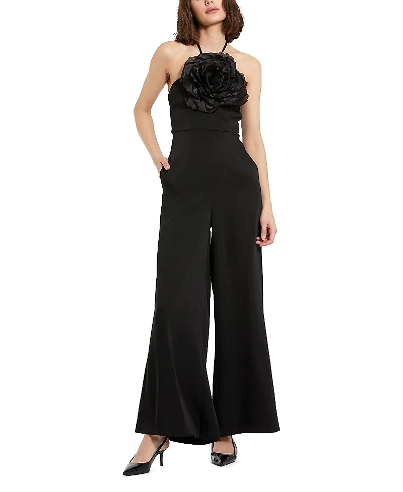 Mac Duggal Flower Embellished Crepe Halter Neck Jumpsuit