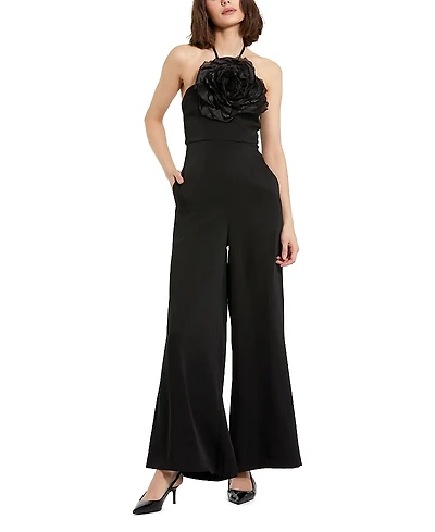 Mac Duggal Flower Embellished Crepe Halter Neck Jumpsuit