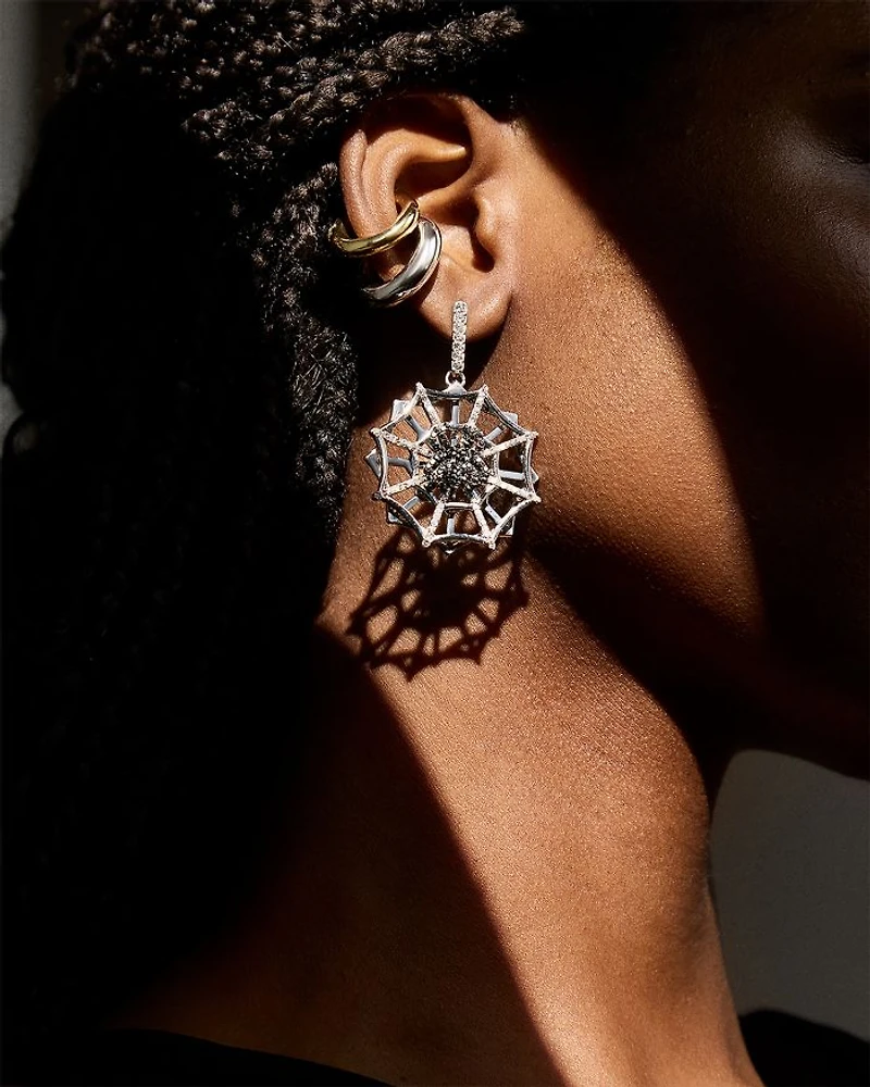 Web Struck Pavé Spiderweb Drop Earrings in Silver Tone