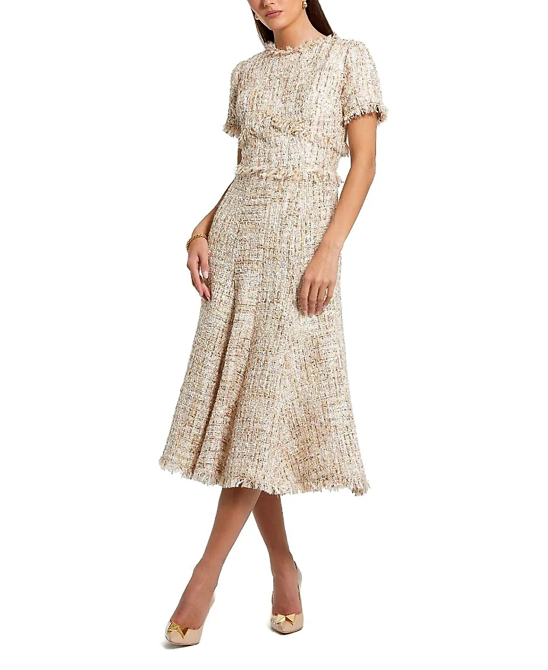Mac Duggal Boucle Short Sleeve A Line Midi Dress