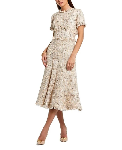 Mac Duggal Boucle Short Sleeve A Line Midi Dress