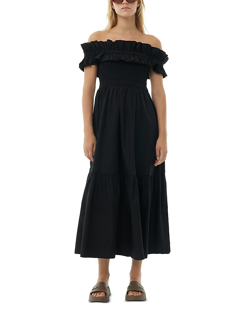 Ganni Black Cotton Poplin Off-the-Shoulder Long Smock Dress