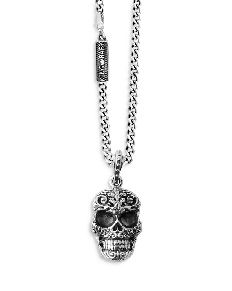 Carved Baroque Skull Pendant Necklace, 24"