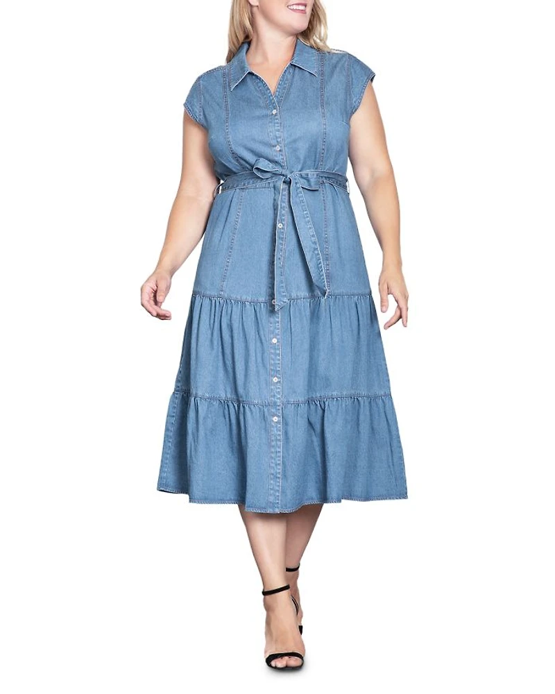 Plus Tiered Denim Midi Dress
