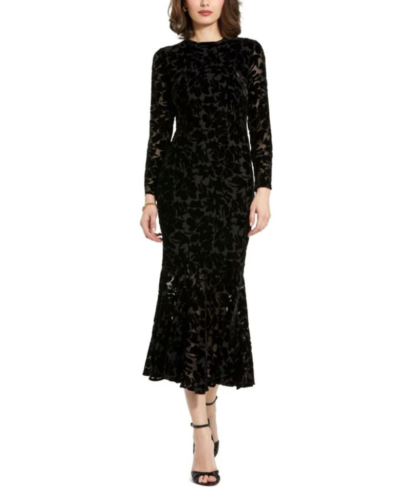 Burnout Velvet Long Sleeve Ruffle Hem Midi Dress