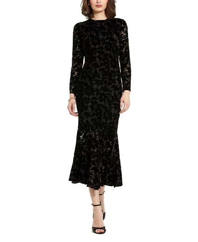 Burnout Velvet Long Sleeve Ruffle Hem Midi Dress