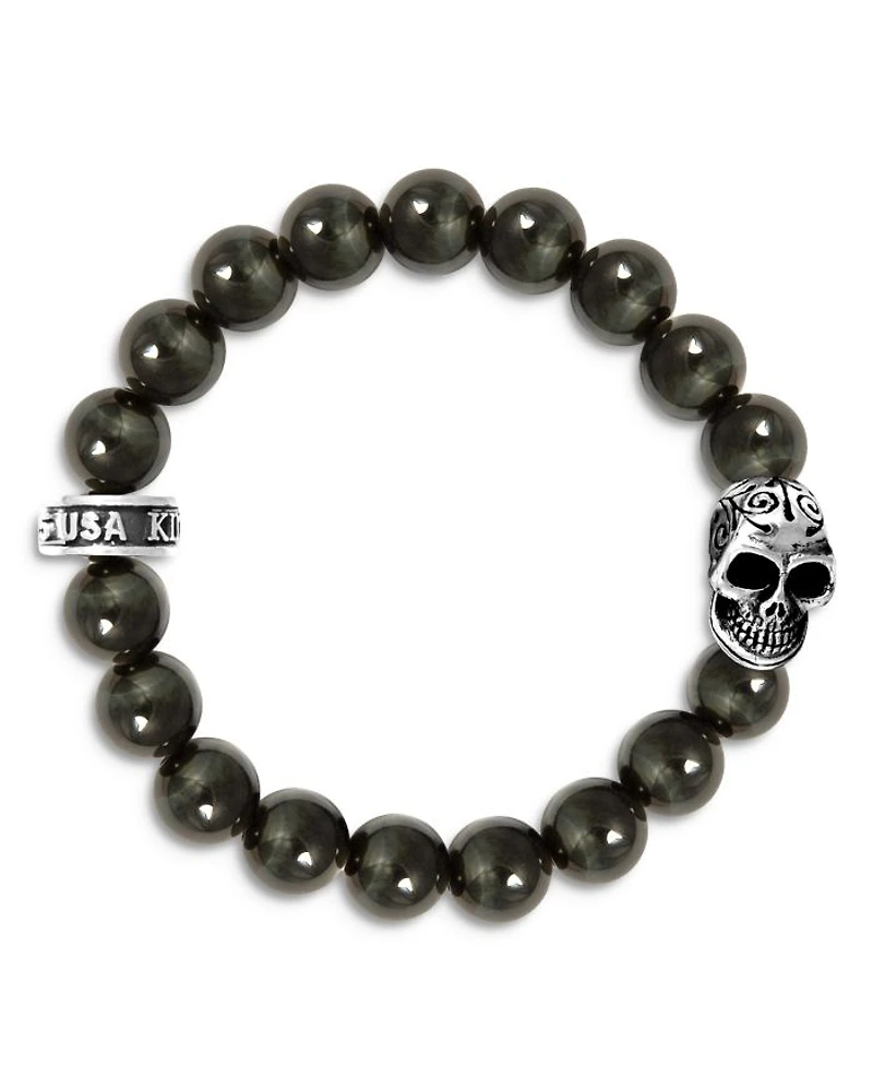 Blue Tiger Eye Bead Bracelet with Day of the Dead Skull