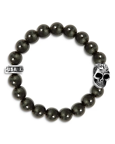 Blue Tiger Eye Bead Bracelet with Day of the Dead Skull