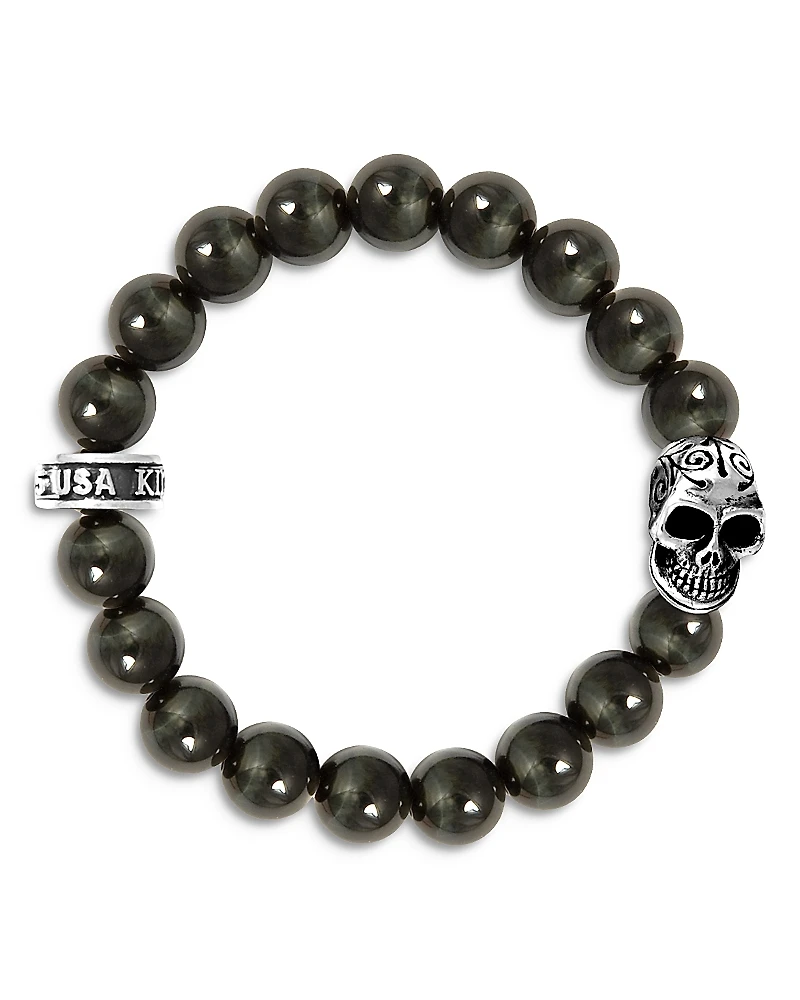 King Baby Studio Blue Tiger Eye Bead Bracelet with Day of the Dead Skull