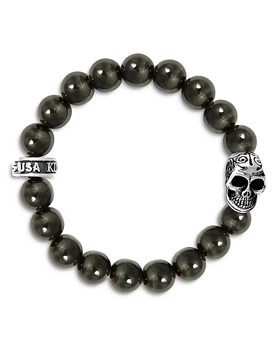 King Baby Studio Blue Tiger Eye Bead Bracelet with Day of the Dead Skull
