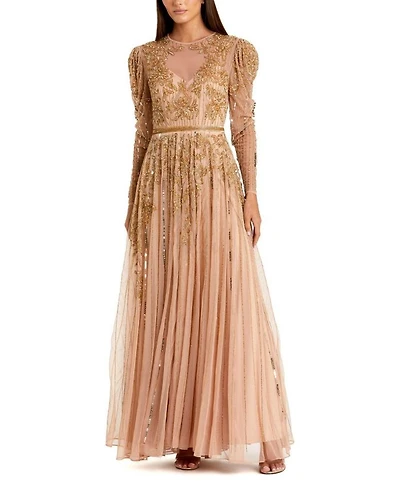 Beaded Illusion Puff Sleeve Gown