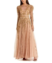Beaded Illusion Puff Sleeve Gown
