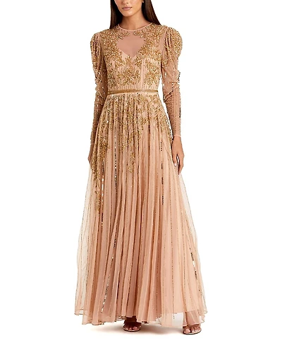 Mac Duggal Beaded Illusion Puff Sleeve Gown