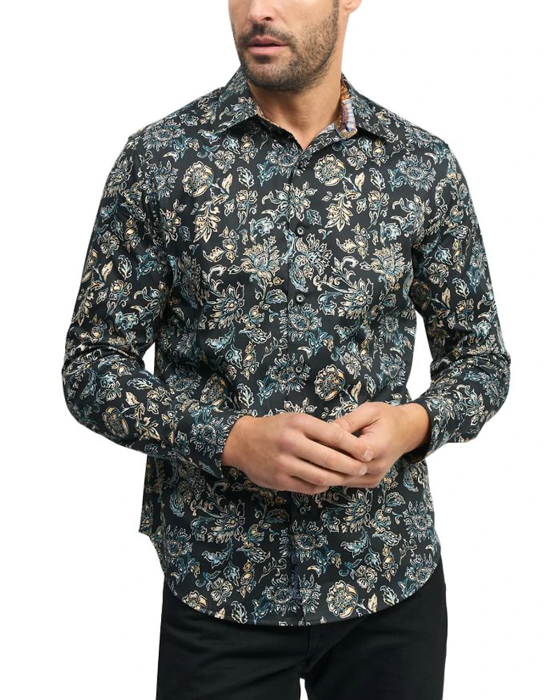 Evans Cotton Stretch Satin Printed Classic Fit Button Down Shirt