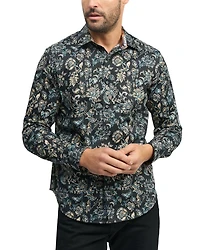 Evans Cotton Stretch Satin Printed Classic Fit Button Down Shirt