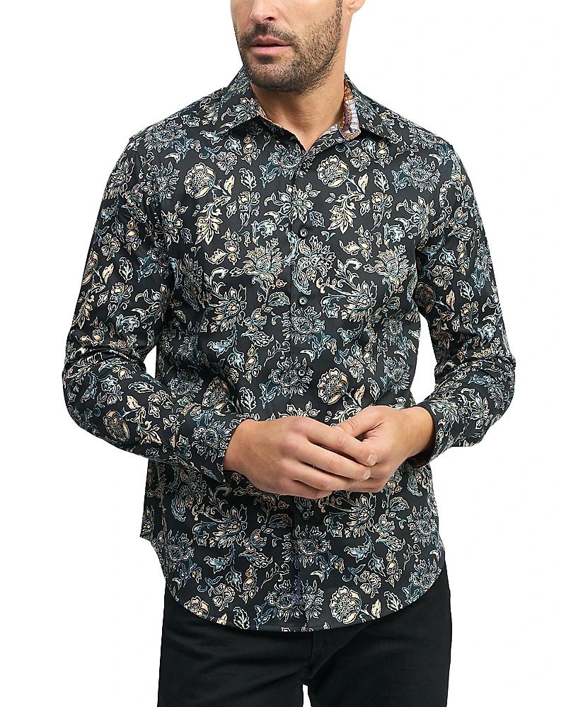 Robert Graham Evans Cotton Stretch Satin Printed Classic Fit Button Down Shirt