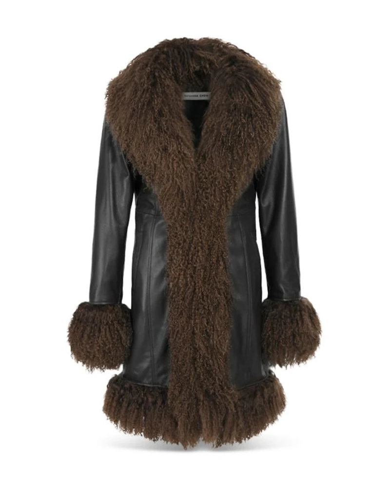 Dorothy Leather & Shearling Trim Midi Coat