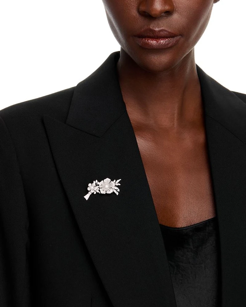 Diamond Flower & Vine Brooch in 14K White Gold, 1.00 tcw