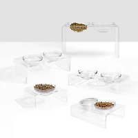 Small Clear Double Glass Bowl Pet Feeder, 1 Quart Bowls