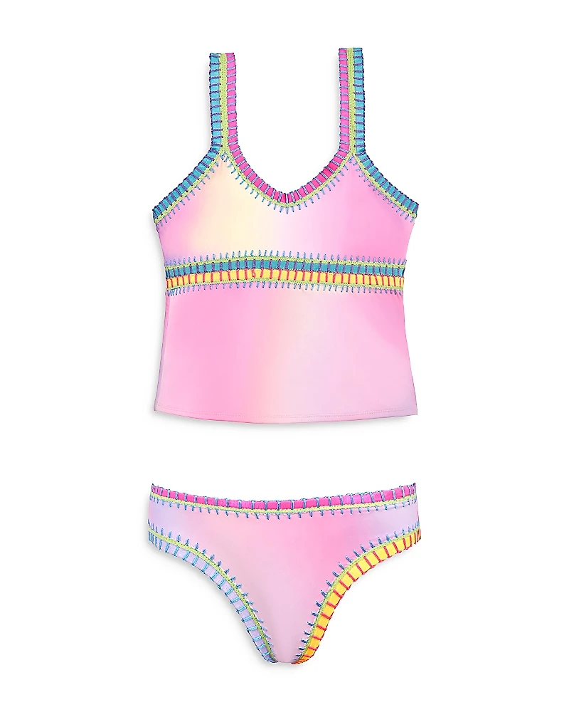 Pq Swim Girls' Rainbow Embroidered Tie Dyed Tankini Two Piece Swimsuit - Little Kid, Big Kid