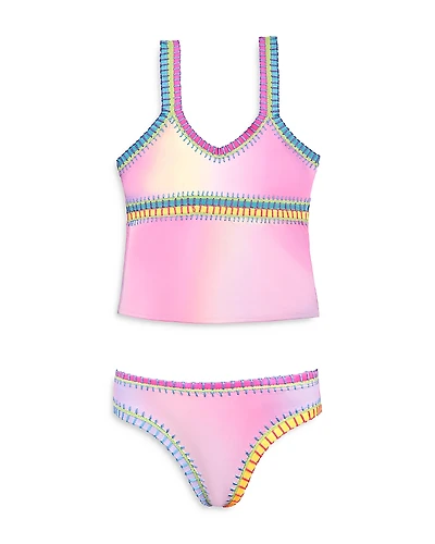 Pq Swim Girls' Rainbow Embroidered Tie Dyed Tankini Two Piece Swimsuit - Little Kid, Big Kid