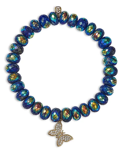 Pavé Diamond Butterfly Charm Lapis Beaded Bracelet