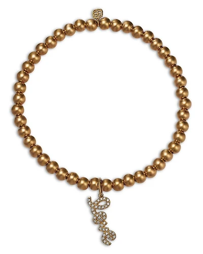 14K Yellow Gold Love Script Charm Beaded Bracelet with Diamonds, 0.12 tcw