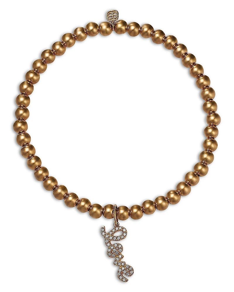 Sydney Evan 14K Yellow Gold Love Script Charm Beaded Bracelet with Diamonds, 0.12 tcw