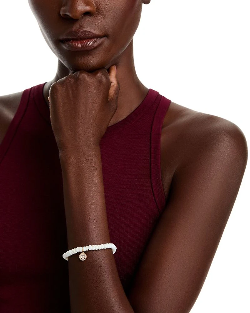 Diamond Pavé Happy Face Charm White Opal Beaded Bracelet