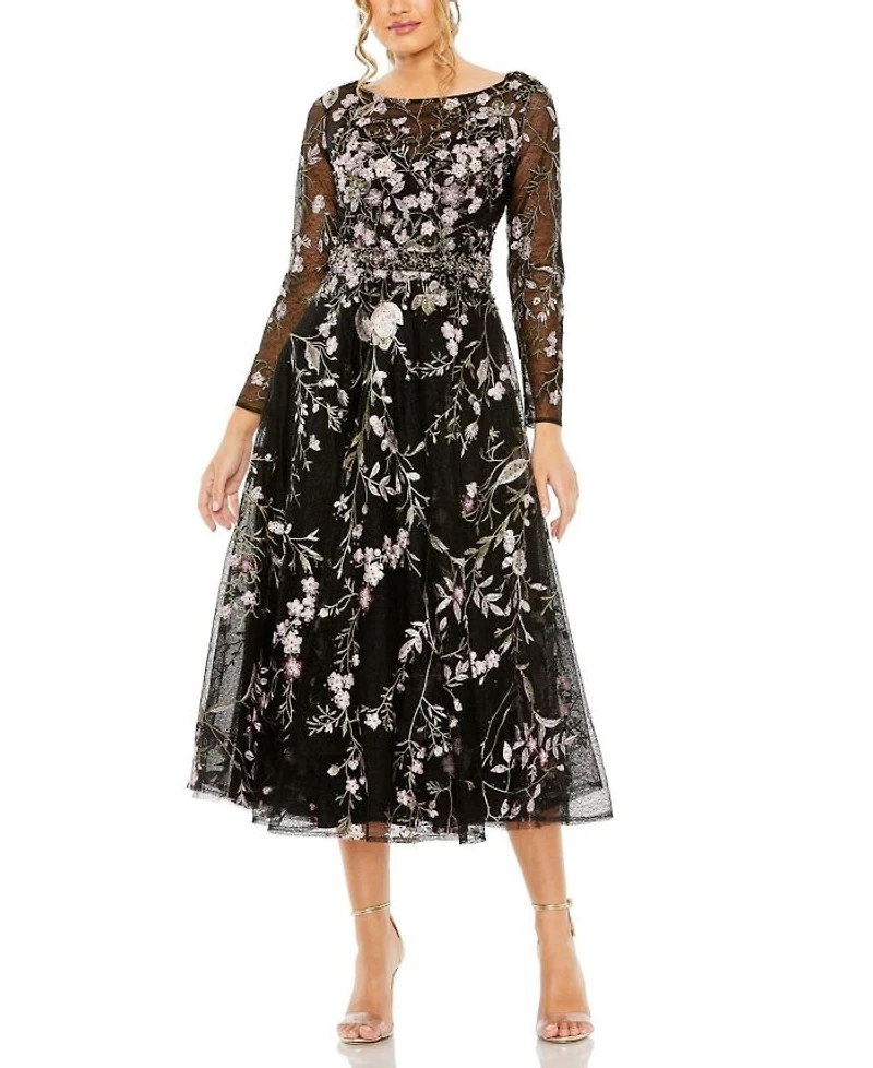 High Neck Long Sleeve Embroidered Dress