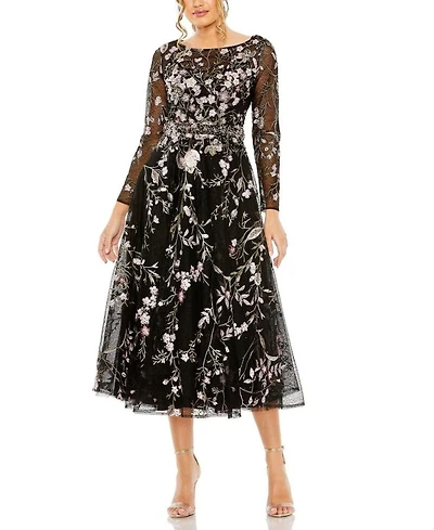 High Neck Long Sleeve Embroidered Dress