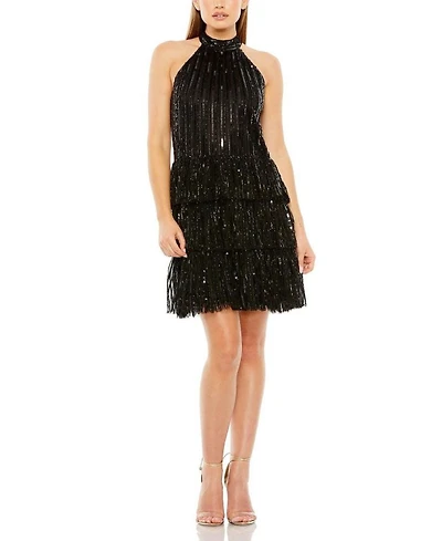 High Neck A-Line Ruffle Sequin Mini Dress